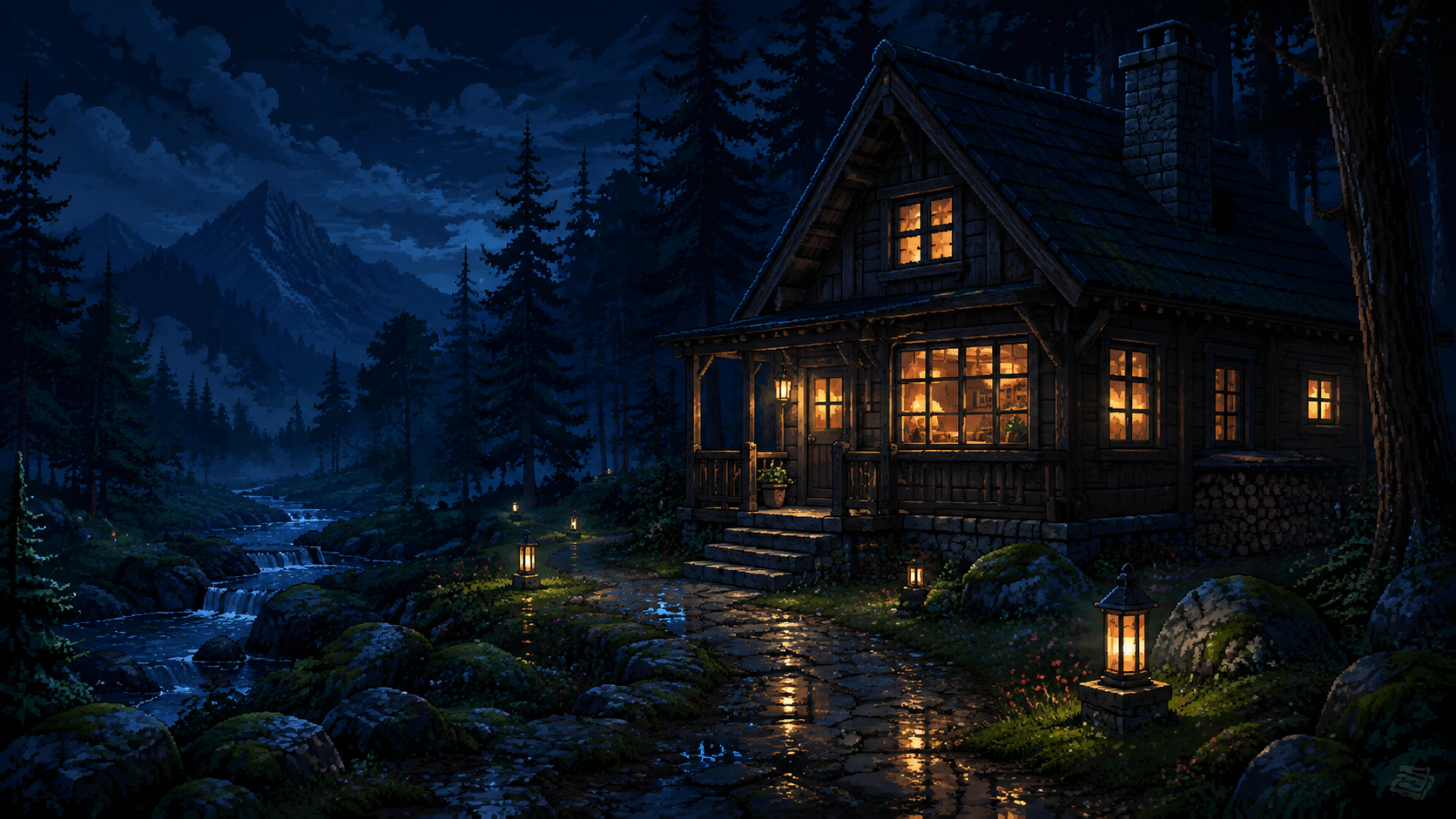 Gemütliche Pixel-Art-Waldhütte mit goldenen Fenstern, nassem Steinpfad, Laternen und einem Bach vor nächtlichen Bergen.